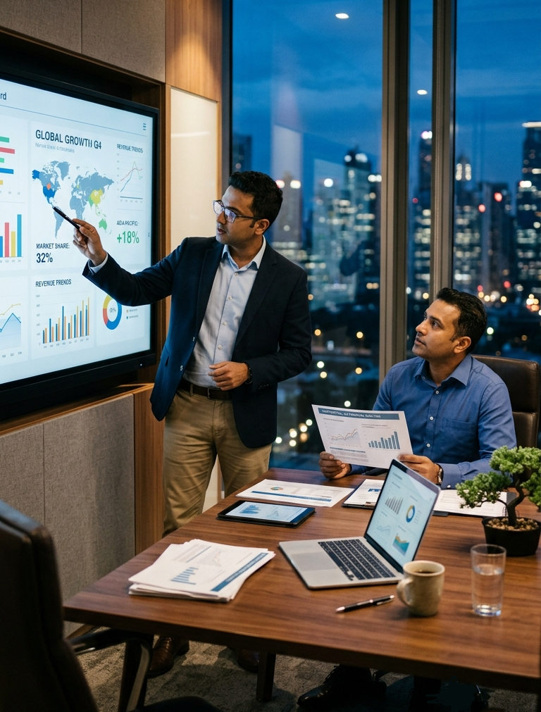 two male executives engaged in a strategic meeting within a premium boardroom setting during twilight.