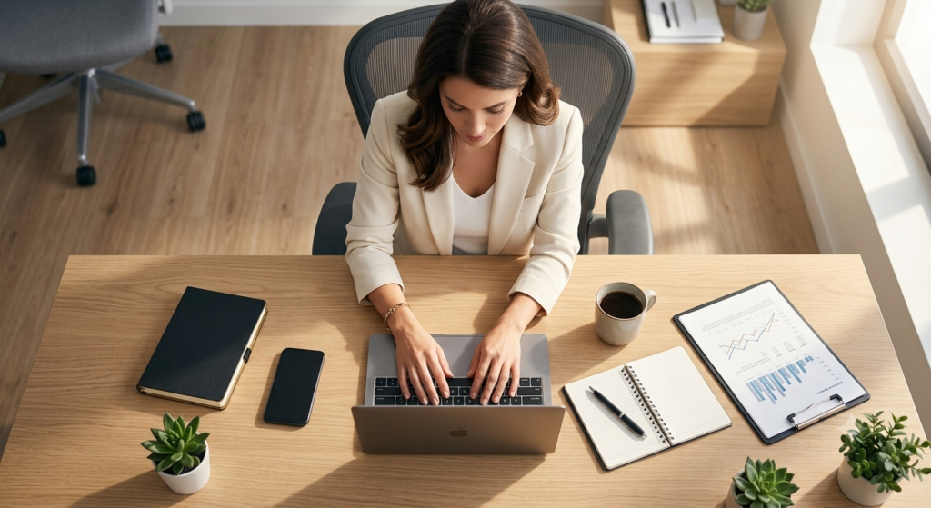 professional stock-style photograph showing a woman in a cream blazer typing on a laptop at a cleanly organized light oak desk with notebooks, coffee, and small plants.