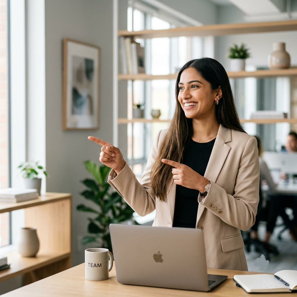 corporate stock photograph of a smiling South Asian woman in a beige blazer pointing left next to a desk with a laptop.