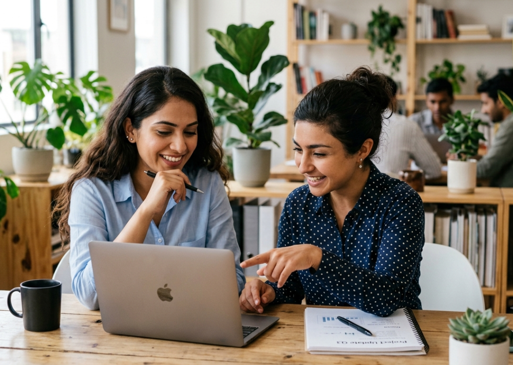 women collaborating at a desk