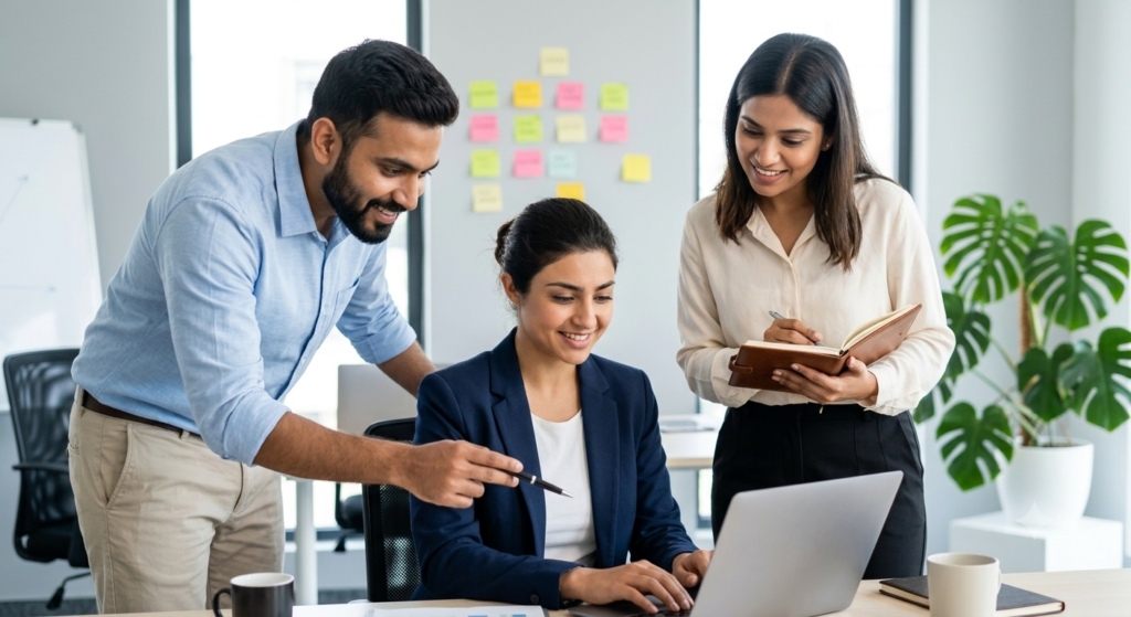 A realistic corporate photograph of three young Indian coworkers collaborating around a laptop in a modern, well-lit office.