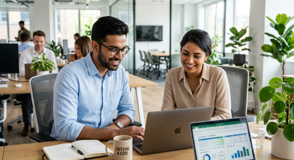 two young South Asian corporate professionals are smiling while collaborating over a laptop in a bright, modern office space.