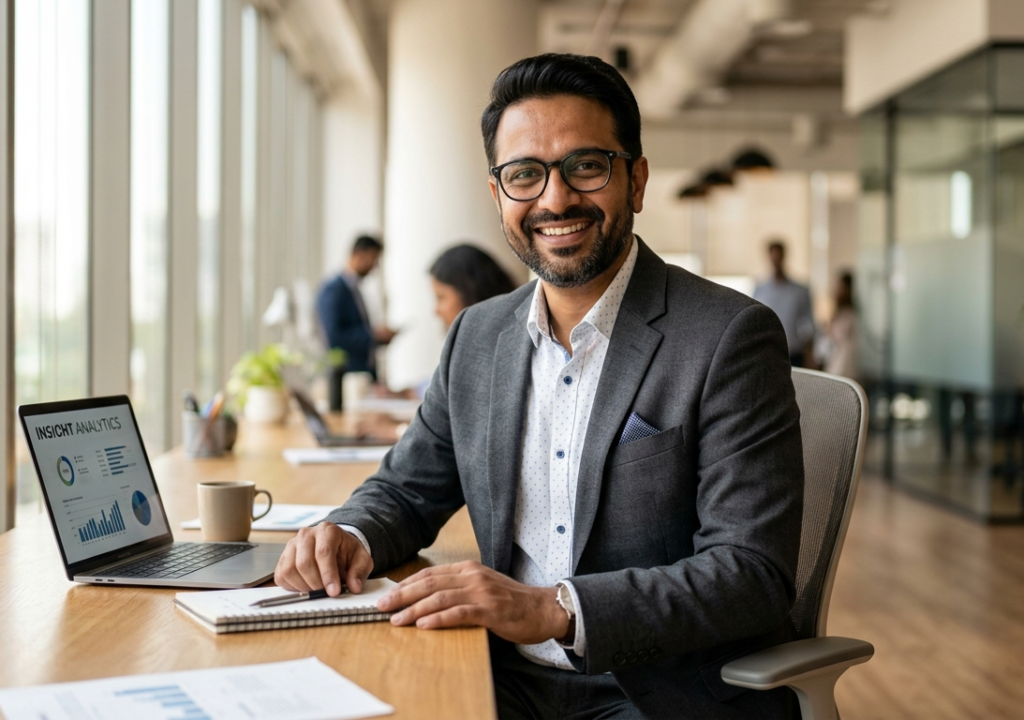 smiling Indian male entrepreneur in a tailored charcoal suit and glasses.
