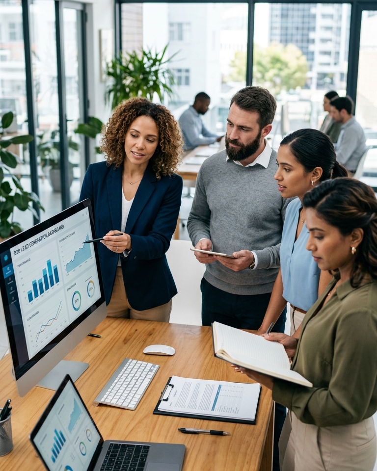 The main desktop monitor and the laptop screen on the table display a "B2B Lead Generation Dashboard" featuring clear charts, growth graphs, and data analytics indicators.