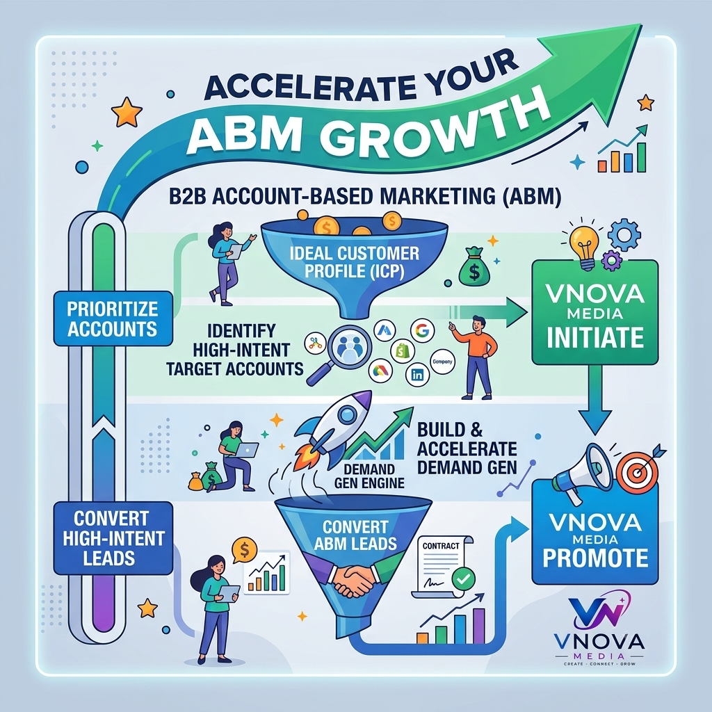 visualize a complete B2B Account-Based Marketing (ABM) and demand generation framework for VNOVA Media.