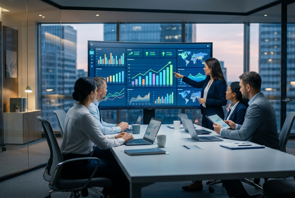a professional business meeting in a modern, high-rise office where a woman presents data charts and analytics on a large digital screen to a group of seated colleagues.